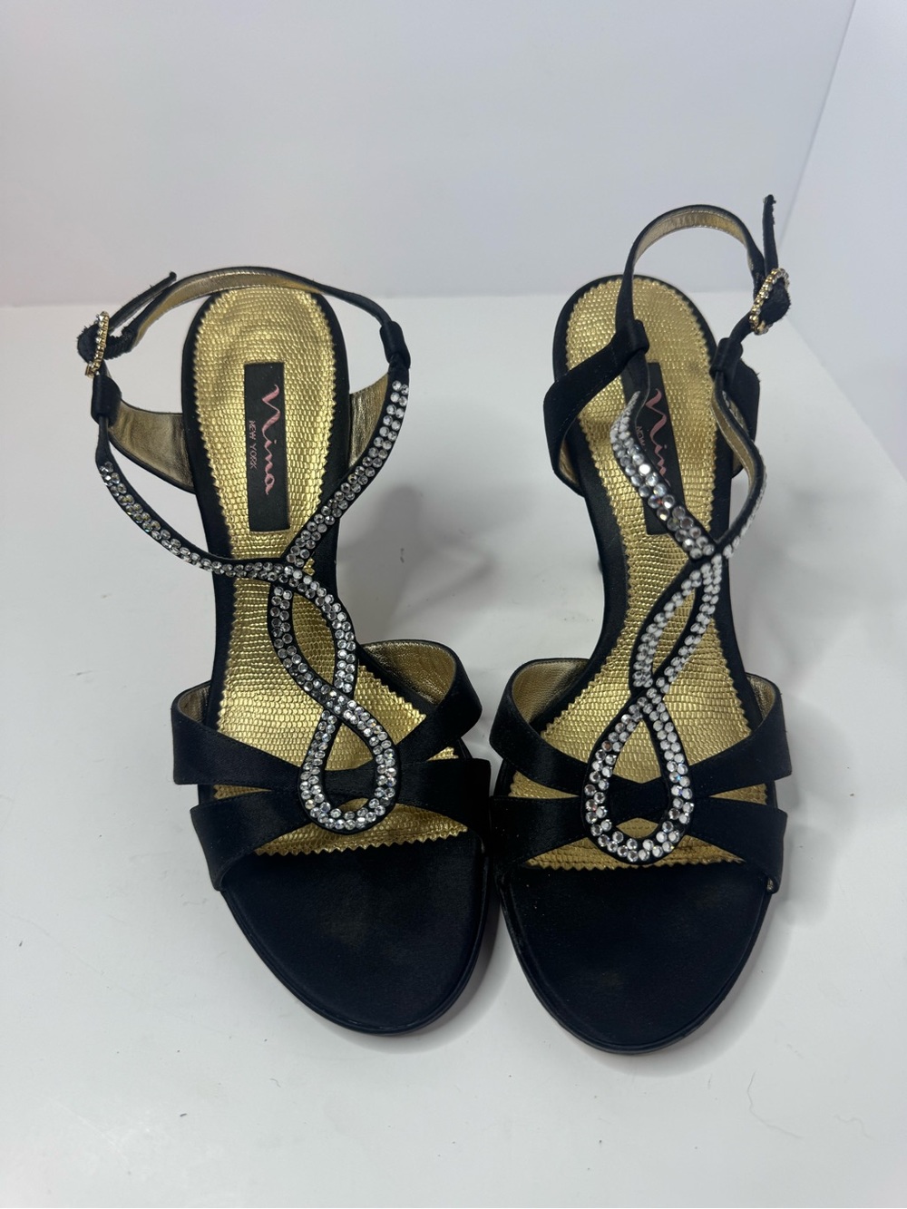 Nina New York Black Satin Rhinestone Sandal Heels Women's Size 7.5M